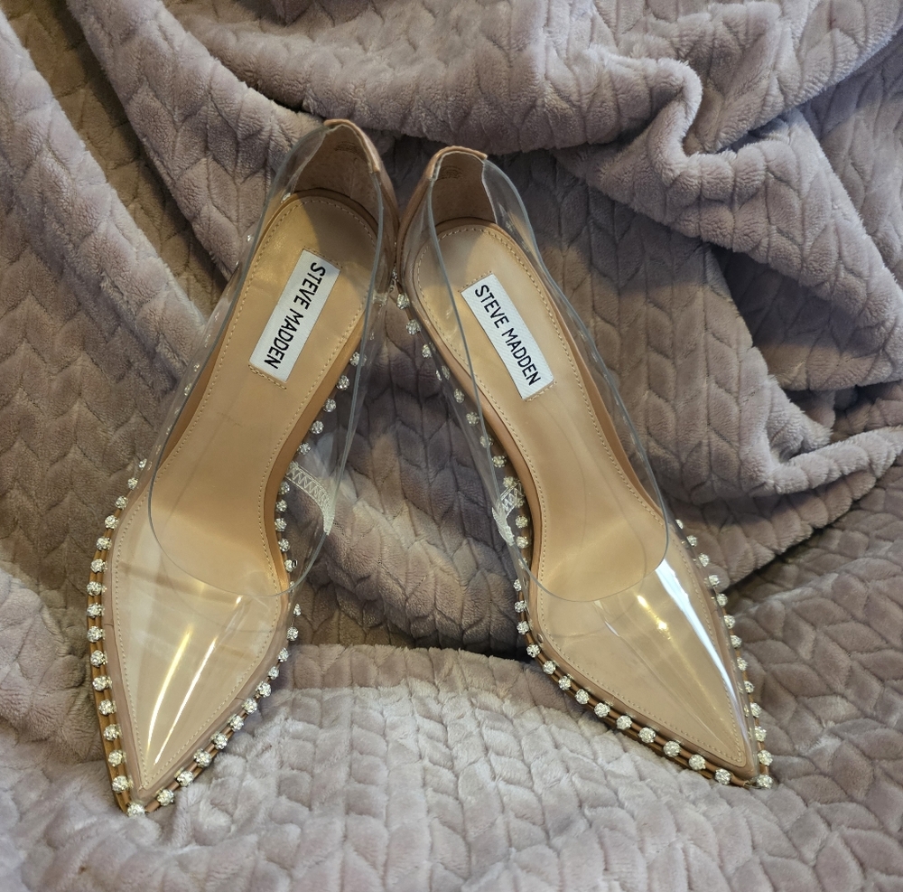 Steve Madden Clear PVC Pointed-Toe Heels with Rhinestone Trim